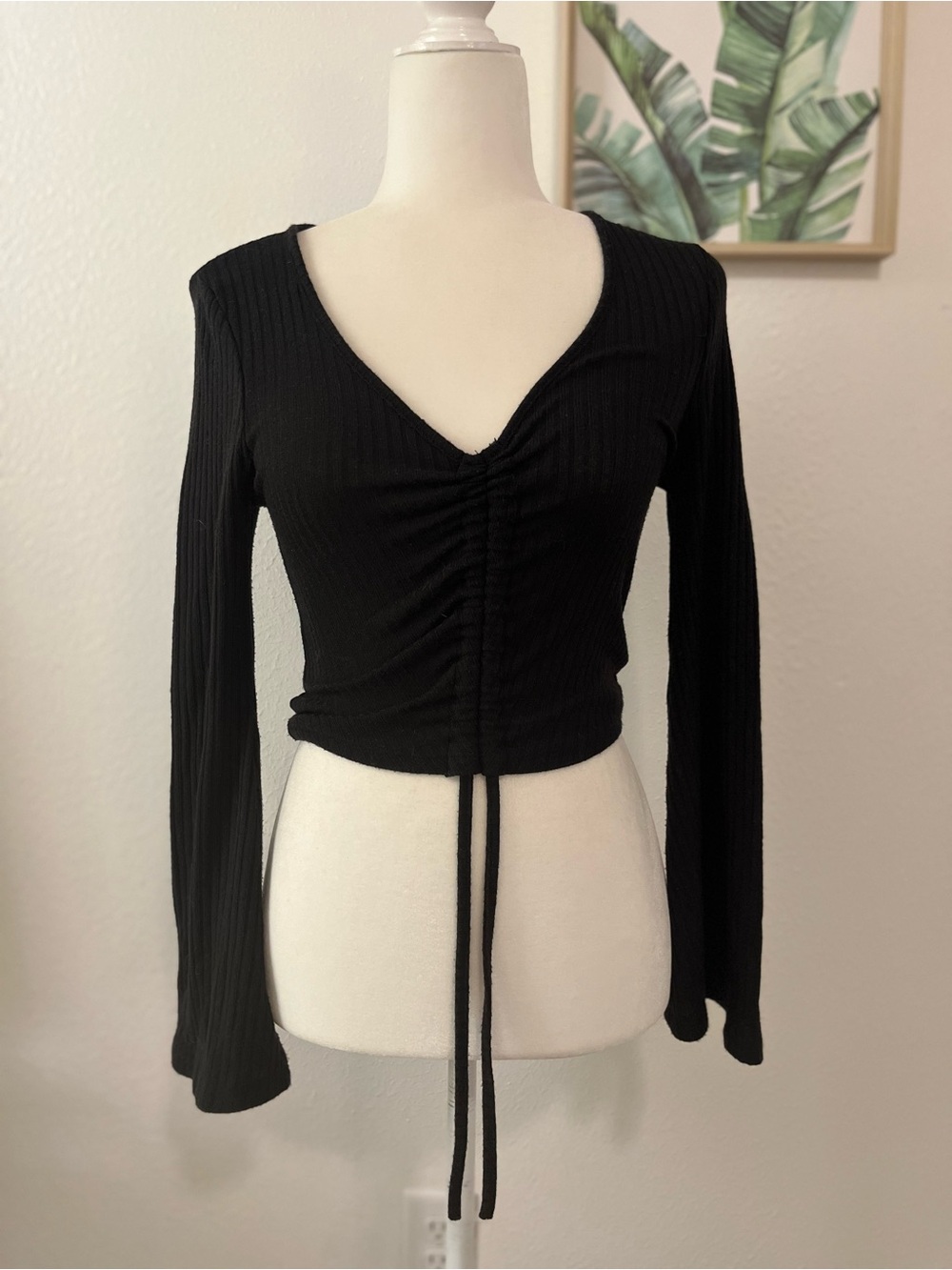 Black Women’s Boho Crop Top with Bell Sleeves - Petite XXS